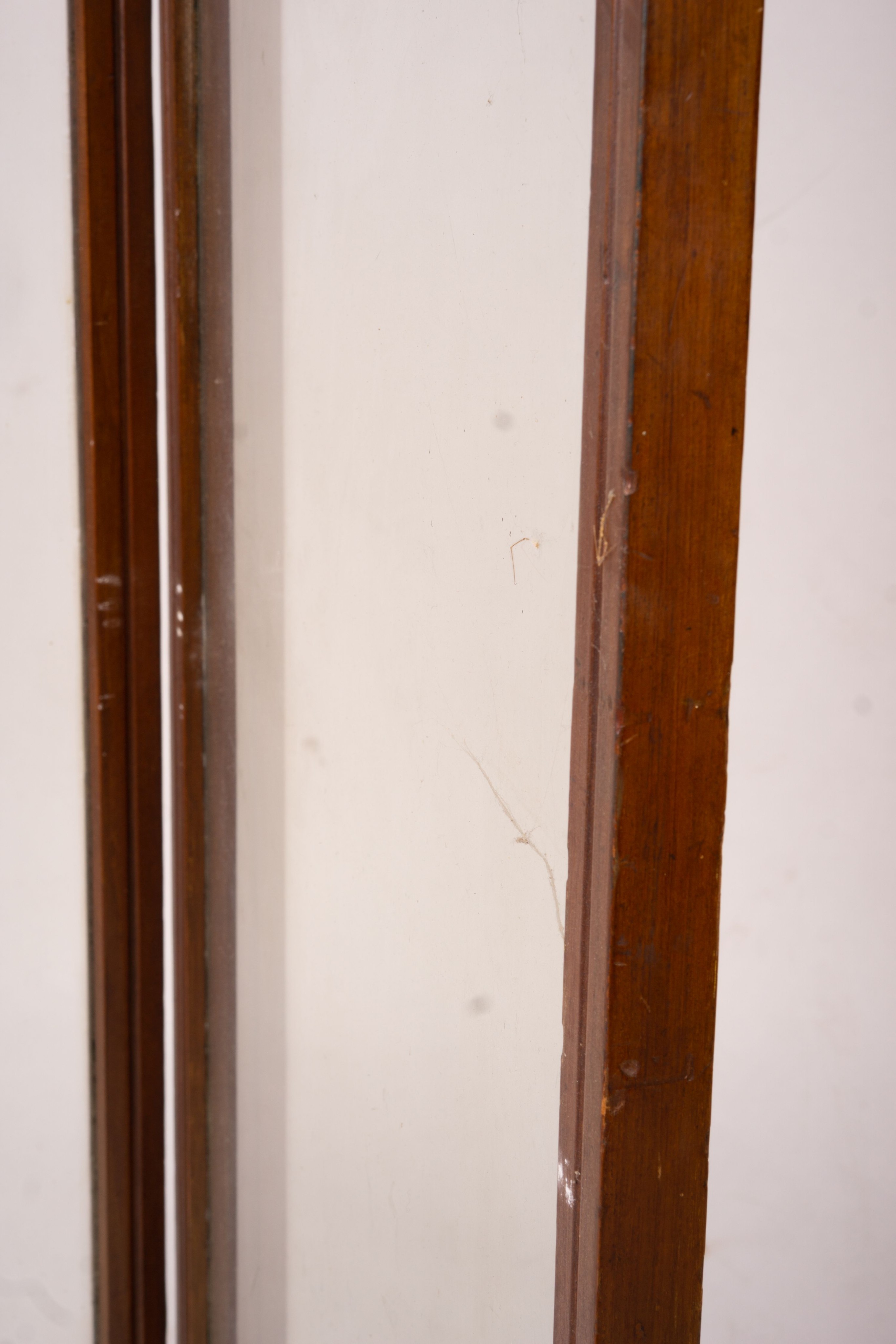 An Edwardian glazed mahogany three fold screen, each panel width 51cm, height 157cm